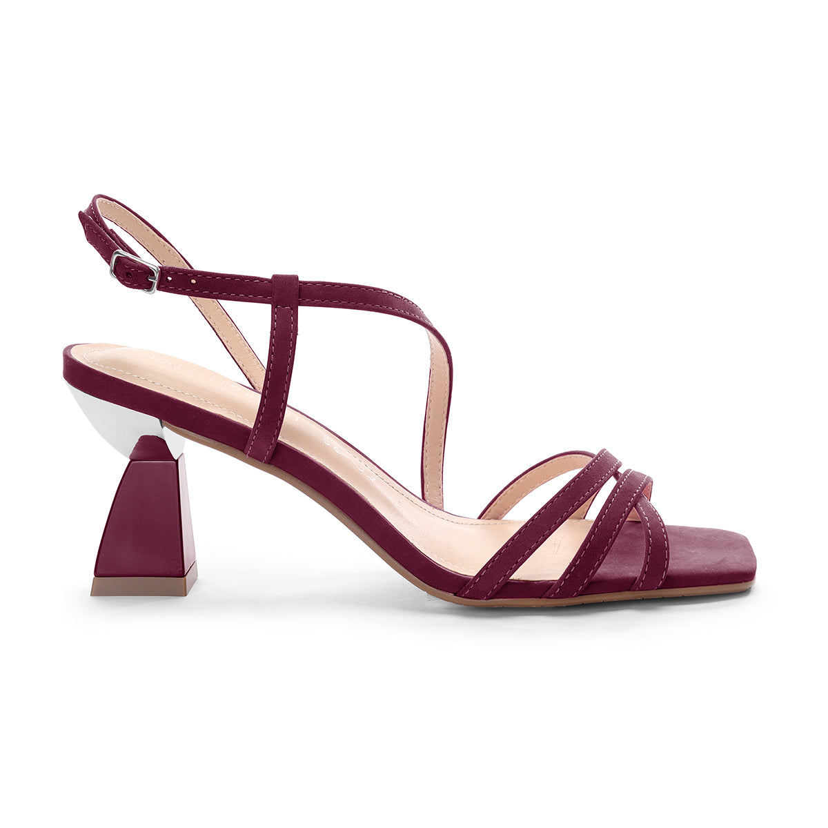 A women's heeled sandal in deep burgundy with a low block heel, square toe, and thin crossover straps.