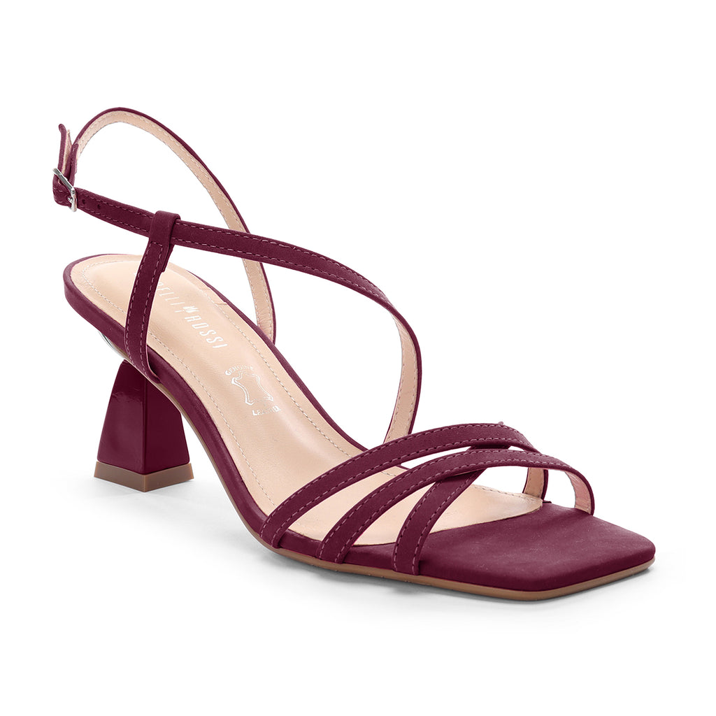 A single burgundy slingback sandal with a square toe, thin crossover straps, and a chunky block heel.