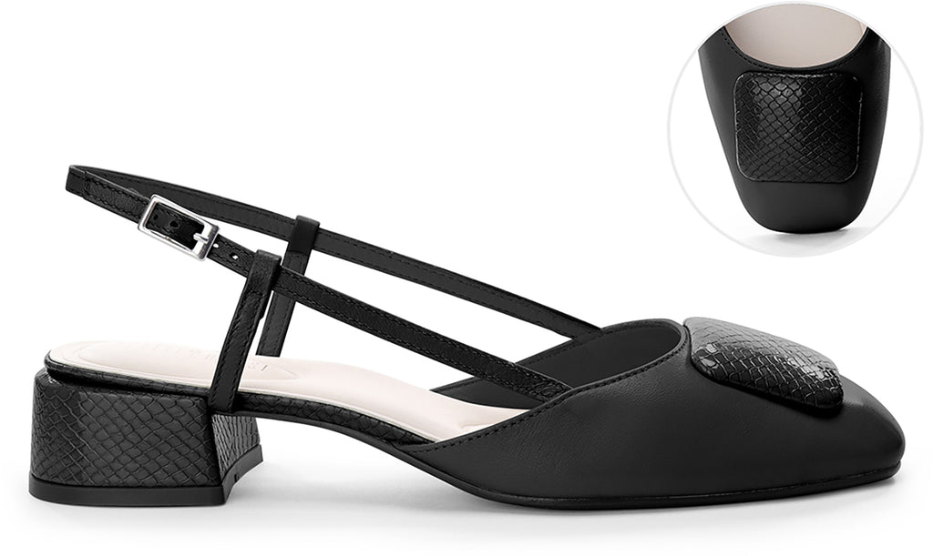 A black slingback low-heel shoe with a textured block heel and a matching textured heel accent on the toe.
