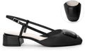 A black slingback low-heel shoe with a textured block heel and a matching textured heel accent on the toe.