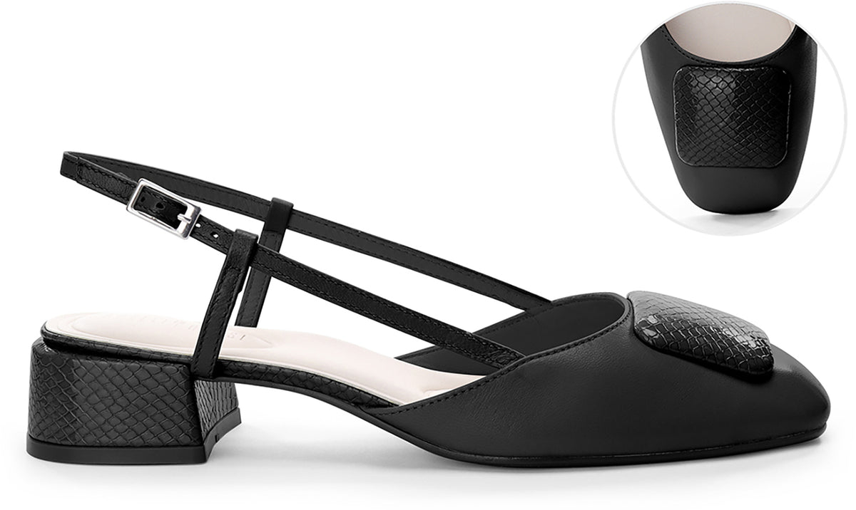 A black slingback low-heel shoe with a textured block heel and a matching textured heel accent on the toe.