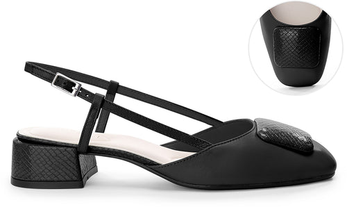 A black slingback low-heel shoe with a textured block heel and a matching textured heel accent on the toe.