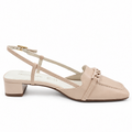 A slingback heeled sandal in a light nude color, featuring a squared toe, decorative strap detail, and a low block heel.