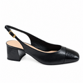 A black slingback pump with a block heel, featuring a textured crocodile-embossed toe cap and a gold buckle detail on the ankle strap.